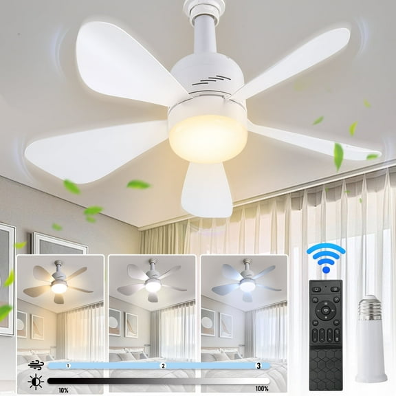 JOPESO Socket Fan Light with Remote, 19in Ceiling Fans with Lights with 3 Speeds and 3 Colors E27 Base, Dimmable LED Socket Fan for All Locations