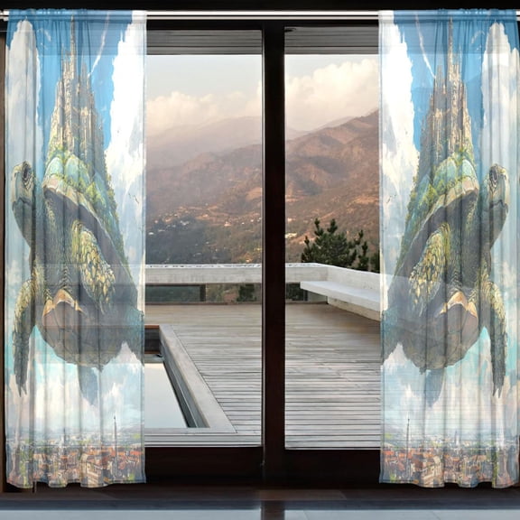 YAZAOO Curtains 110/118 Inch Long French Curtains Turtle Castle in The Sky Print For Farmhouse Bedroom Curtains Window Curtain Set 2