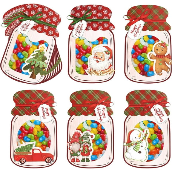 48-Pack Christmas Mason Jar Cards & Clear Treat Bags Kit - DIY Christmas Goodie Bags for Stocking Stuffers, Party Favors, Classroom Gifts  ﻿