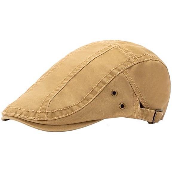 Byfri Men's Cotton Flat Cap Khaki Adjustable Newsboy Hat Breathable Beret-Style for Golf Driving Travel