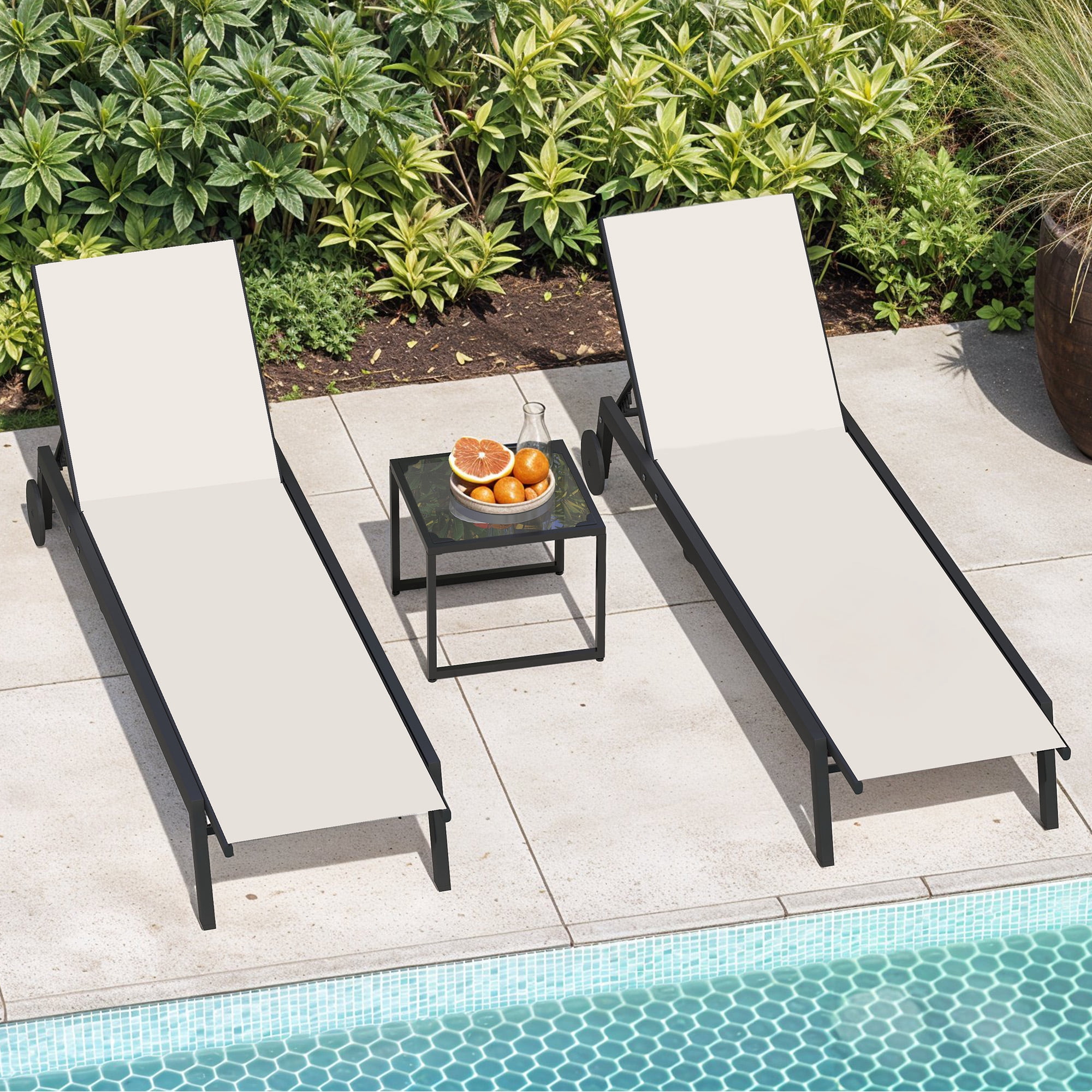 Uforic 3pcs Outdoor Chaise Lounge Set, 2 Adjustable Loungers with Side Table, Wheels, Beige