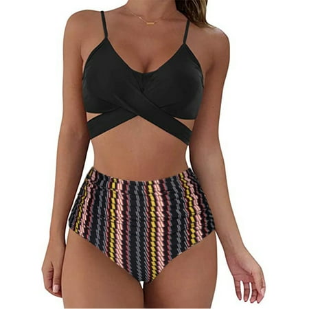 

TIANEK Women Bikini 2023 Elastic Push-Up Hollow Out Tummy Control Floral Printed Bra Sport Yoga Summer Japan Halter High Waist Mother s Day Split Swimsuit for Women Clearance