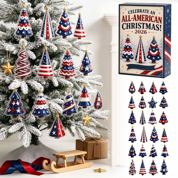 2026 America 250th Anniversary Christmas Tree Advent Calendar, 24-Day Countdown Ornament Set US Patriotic Hanging, Decorations for Christmas Tree