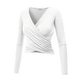 thumbnail image 2 of Made by Johnny Women's Deep V Neck Long Sleeve Cross Wrap Fitted Crop Top XL WHITE, 2 of 6