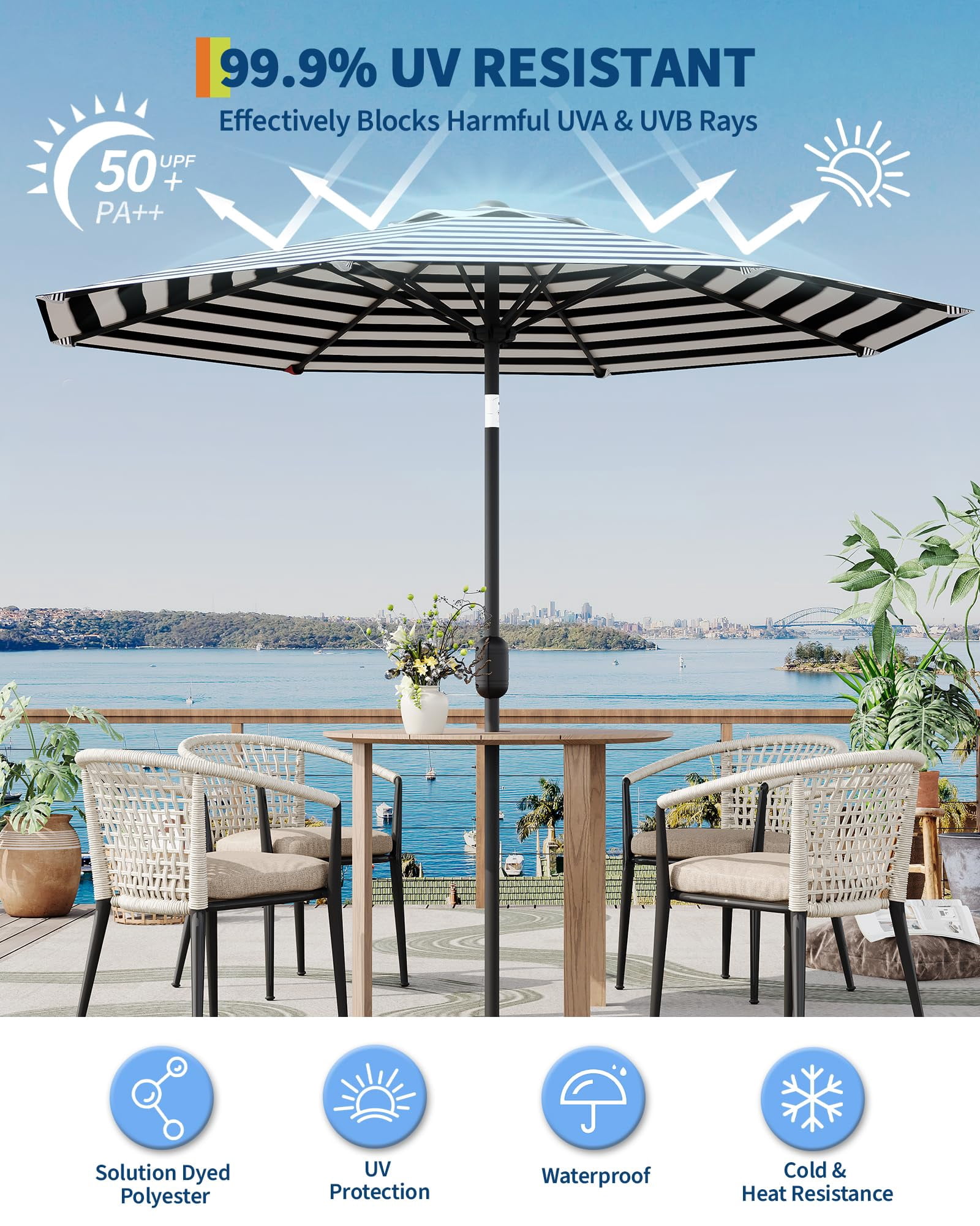9FT Large Outdoor Patio Umbrella Market Table Umbrella-UV Resistant, Easy Push Button Tilt and Crank, 8 Ribs Heavy-Duty Pool Umbrella for Deck, Backyard,Garden