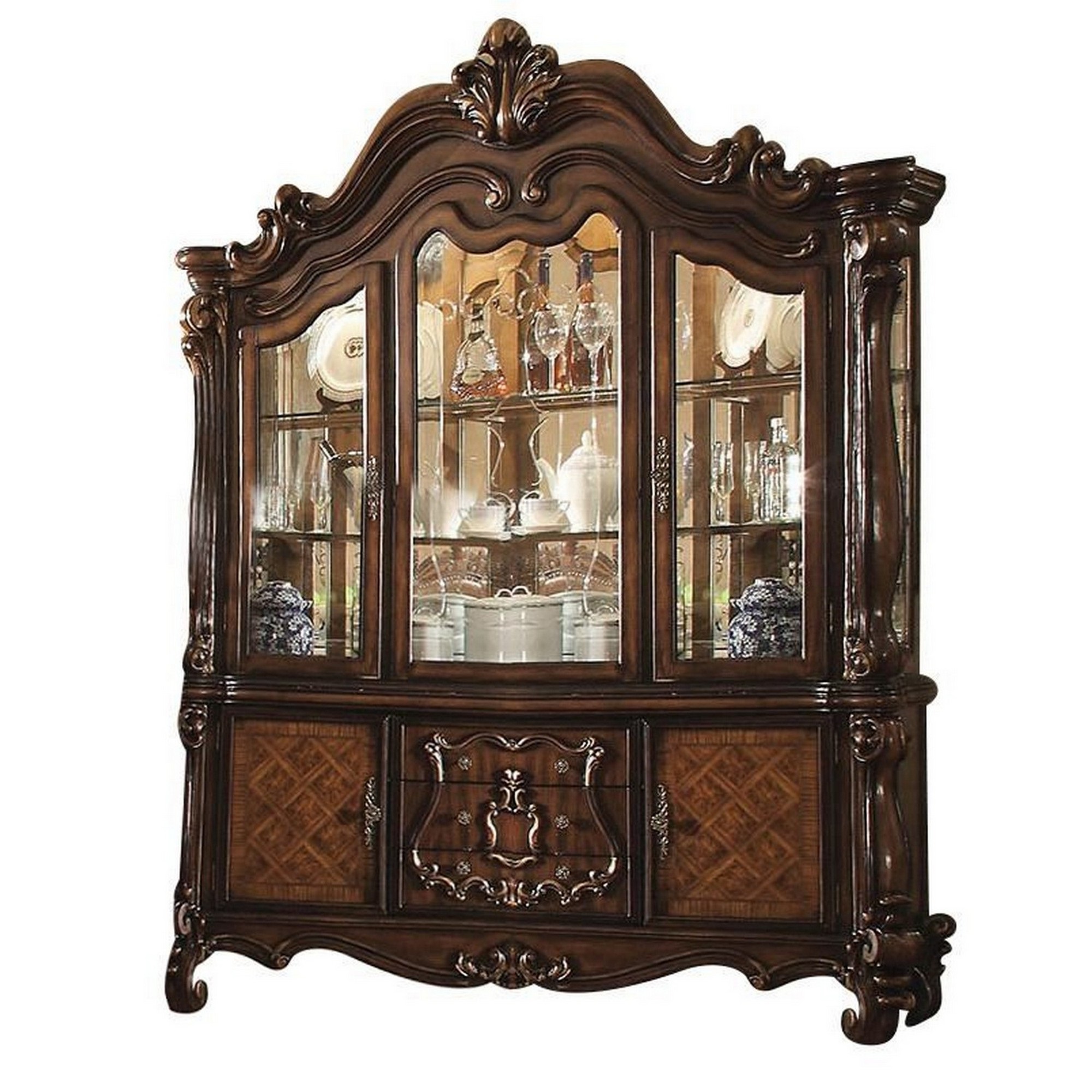 Oversized Scrolled Wooden Hutch and Buffet with Glass Doors, Cherry