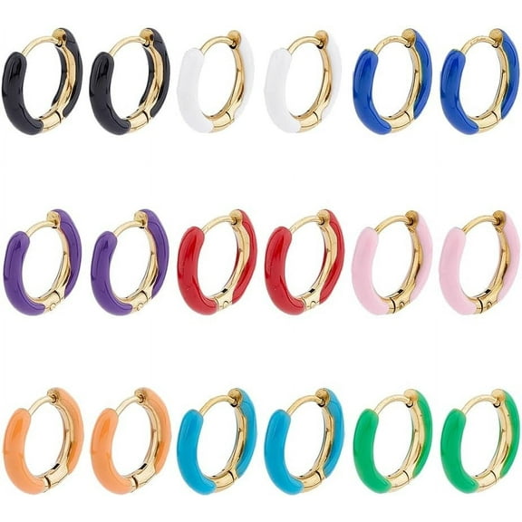 9 Pairs Enamel Hoop Earring 15-16mm Colored Hoop Earrings 18K Gold Plated Huggie Hoop Earrings Small Cute Statement Earrings Stainless Steel Earrings Set Fashion Jewelry for Women