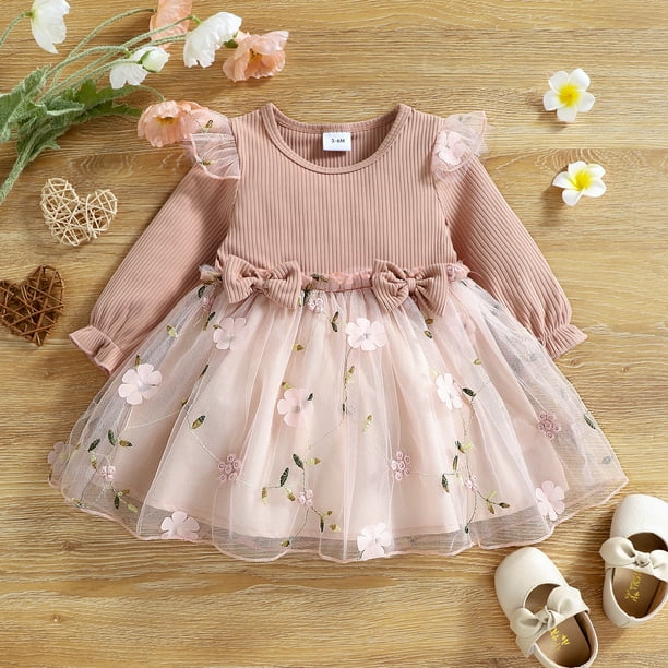 PatPat Baby Girl Pink Mesh Dress Set,Ribbed Long Sleeve Splicing Floral