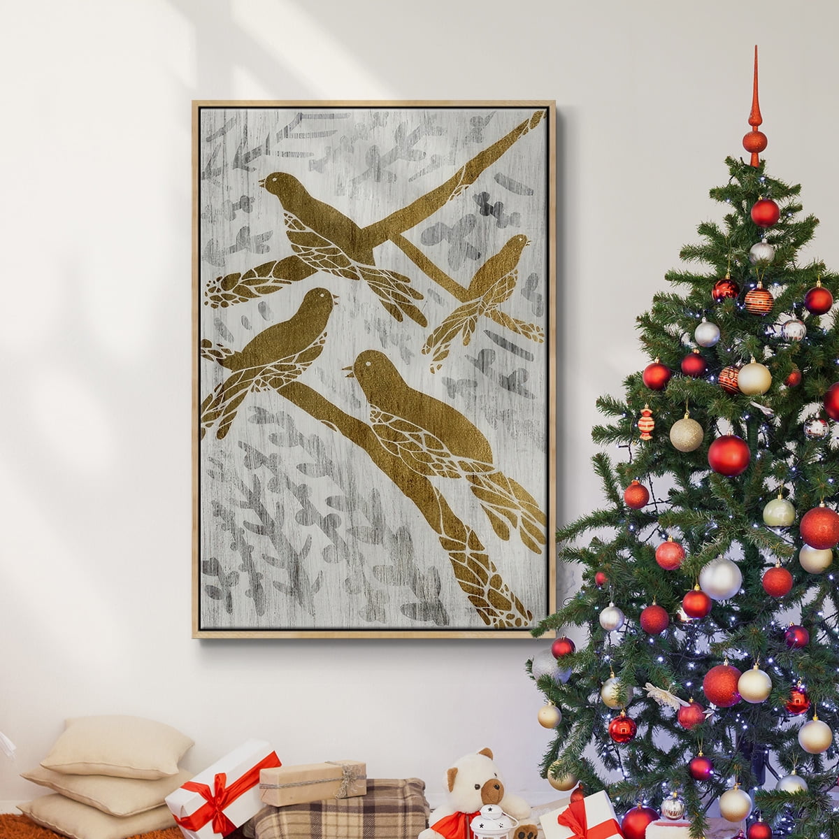 Four Calling Birds - Gold Leaf Holiday - Framed Gallery Wrapped Holiday Canvas - 27 x 41 - Natural Wood Frame