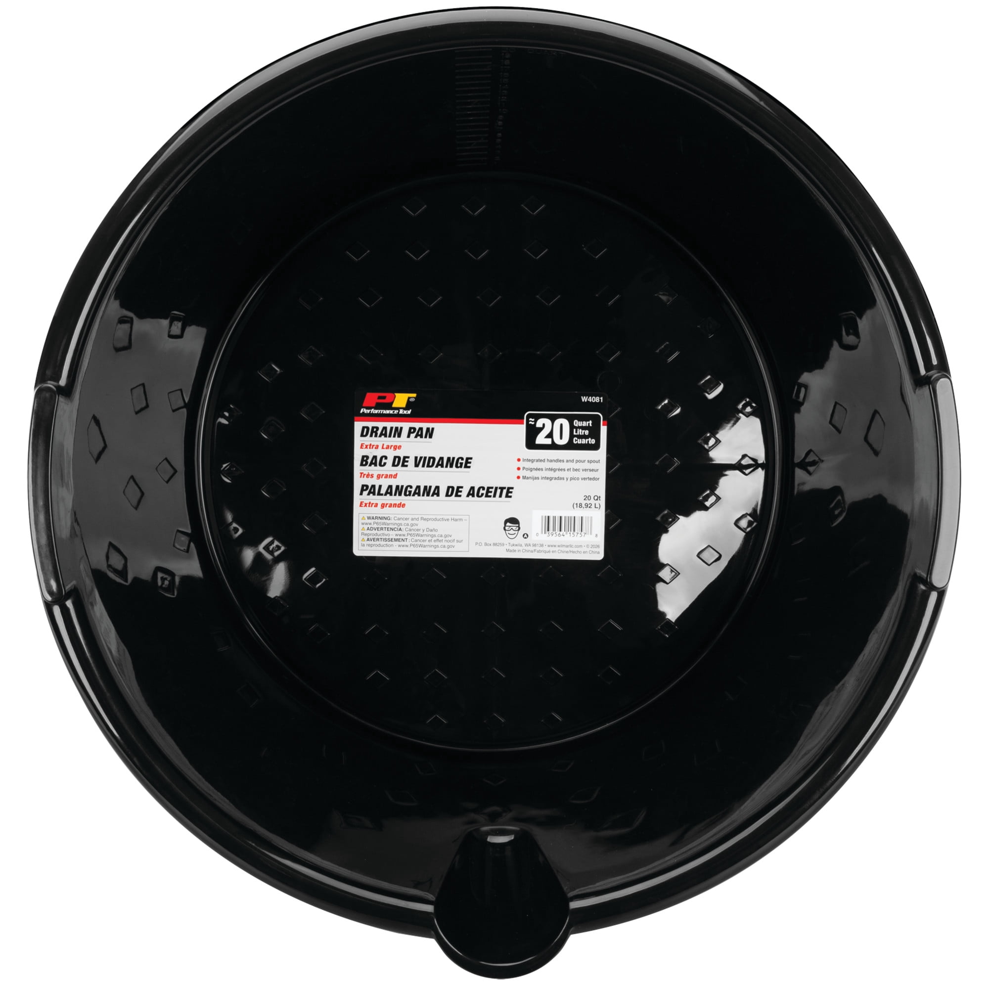 Performance Tool W4081 20 Qt. Extra Large Drain Pan, Oil Change, Transmission Fluid, ATF, Differential, High-Capacity, Reinforced Polypropylene, Side Handles, Pour Spout, Black