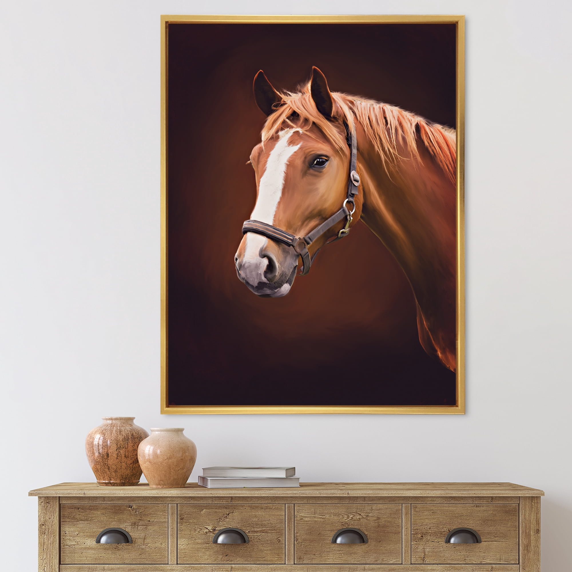 Designart 'Close Up Portrait Of Brown Horse With White Nose II' Farmhouse Framed Canvas Wall Art Print
