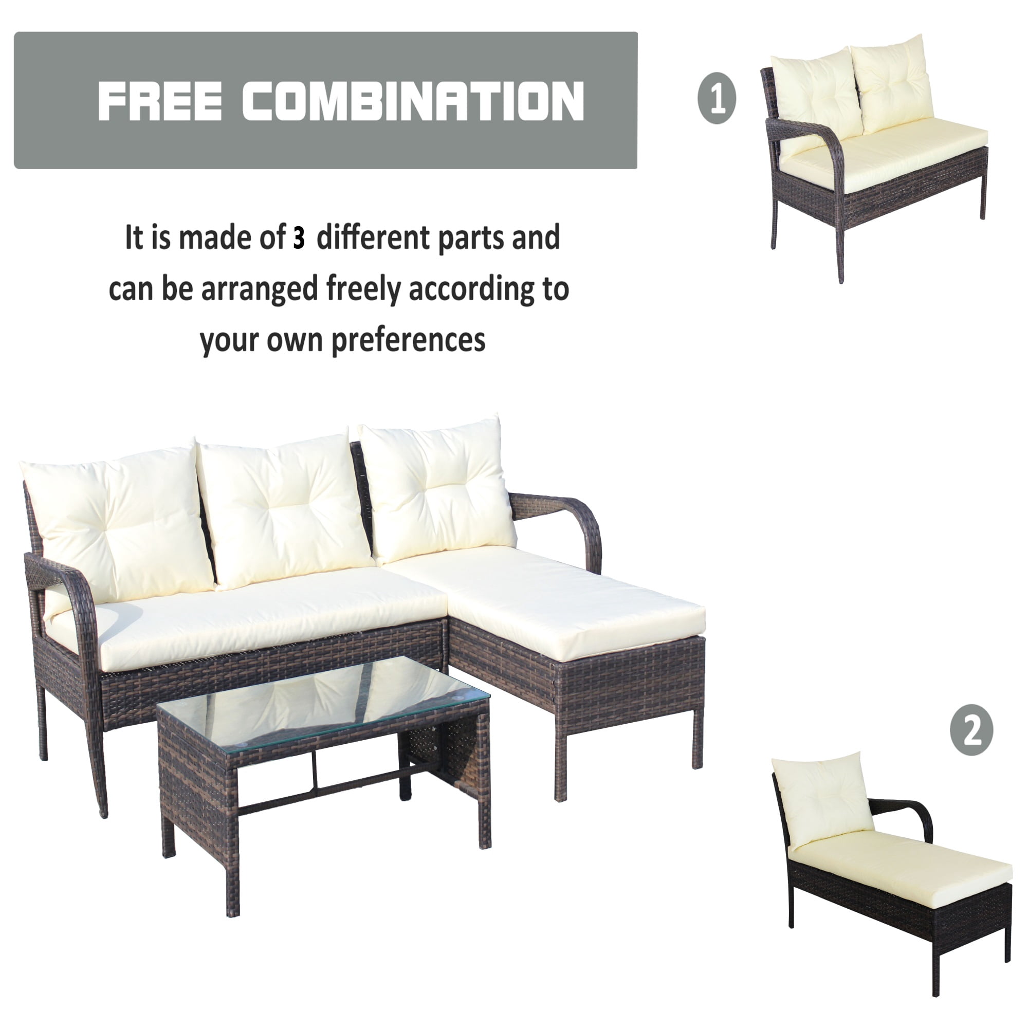 Hommoo 2-Piece Patio L-Shaped Outdoor Sofa Set for 3 People, Wicker Rattan Sectional Sofa with Cushion, Brown and Beige