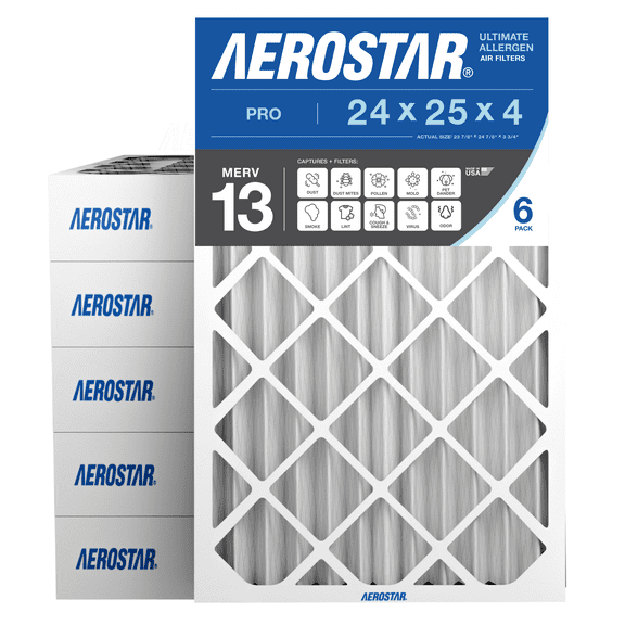 Aerostar 24x25x4 MERV 13 AC Furnace Air Filter, Pleated HVAC Filter, MPR 1900 FPR 10, Allergen Defense, 6-Pack, Made in USA