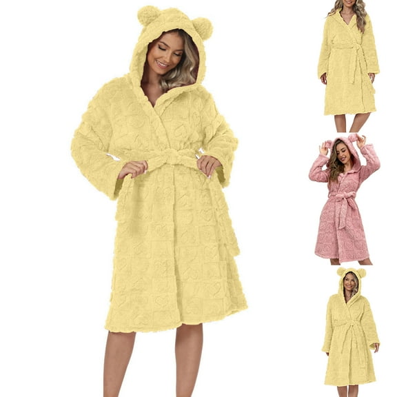 Aboser Flannel Robes for Women with Ear Hood Sleepwear Winter Thermal Fuzzy Fleece Bathrobes Comfy Long Sleeve Towel Robe Nightgowns Yellow L