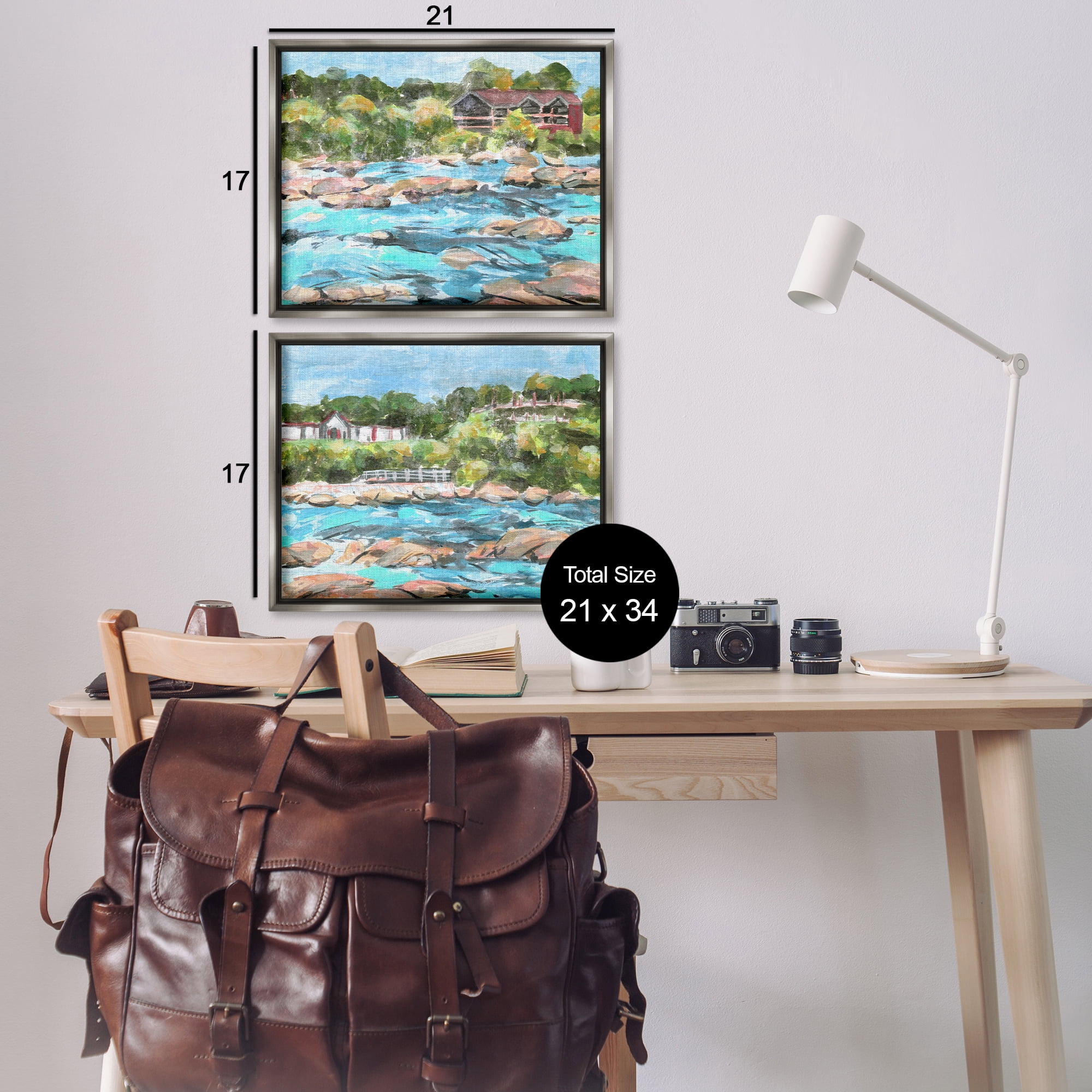 Stupell Industries Flowing River Rocks Nautical & Beach Painting Gray Floater Framed Canvas Art Print Wall Art, 21 x 17, Set of 2