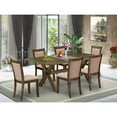 thumbnail image 2 of East West Furniture 7 Piece Rustic Dining Table Set - A Distressed Jacobean Top Wooden Table with Trestle Base and 6 Dark Khaki Linen Fabric Dining Chairs - Distressed Jacobean Finish, 2 of 2