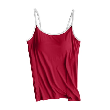 UYISJ Tank Tops for Women Adjustable Spaghetti Strap V Neck Tops with Built in Bra Casual Soft Stretchy Modal Cami Solid Color Casual Lounge Basic Layer Padded Tops Red XXL