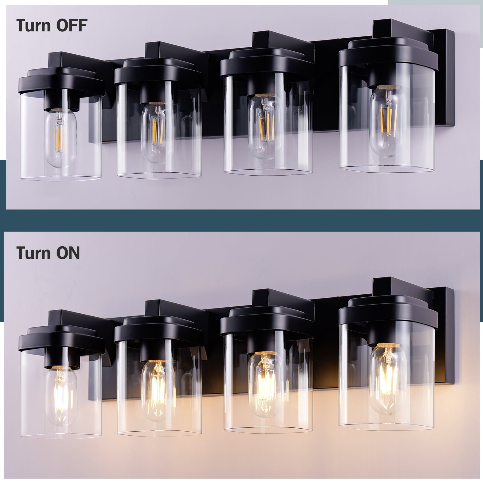 4-Light Black Bathroom Vanity Light, Modern Vanity Lighting Fixture for Bathroom, 24.09" Matte Light Fixture, Wall Sconces with Clear Glass Shade, Black Bathroom Wall Light Over Mirror