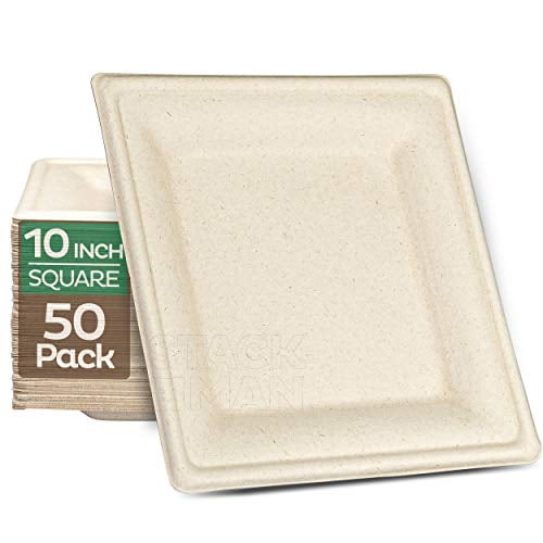 100 Compostable Square Paper Plates [10 inch 50Pack] Elegant Disposable Dinner Plates Heavy