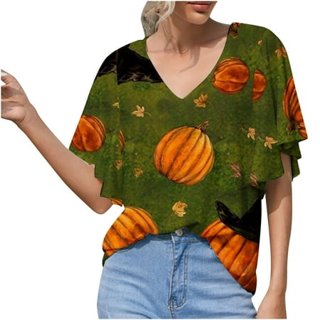 

Long Sleeve Shirts for Women Long Sleeve Crop Top Women Summer Trendy Leisure Print V Neck Loose Fit Short Sleeve T-shirt Top Blouse Pullover Going Out Tops Square Neck Tops for Women Green 2XL