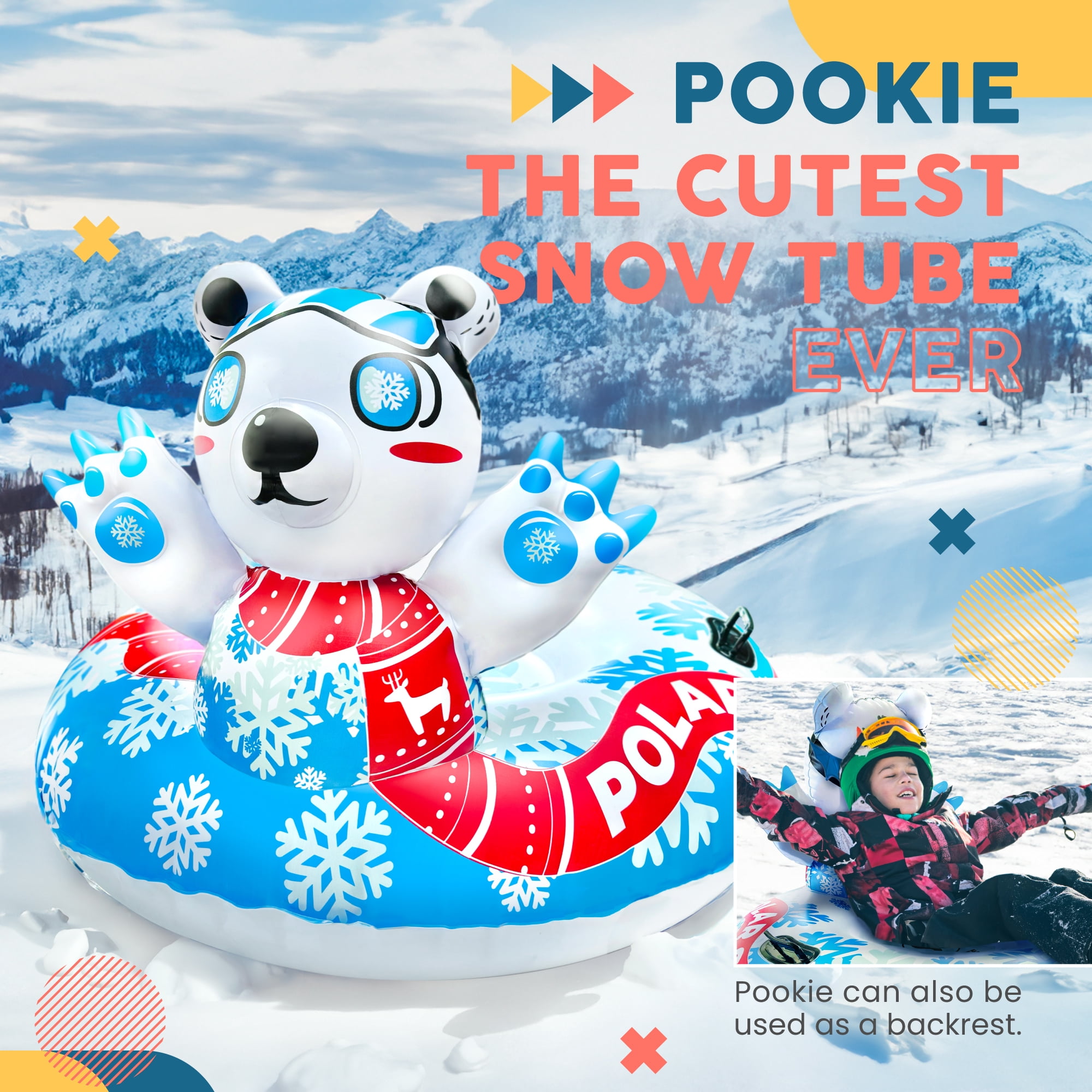 Sunlite Sports Polar Bear Snow Tube - Heavy Duty Inflatable Sled for Winter with Dual Sealed Seams, Grip Handles, Airtight Boston Valve, Repair Patch Kit, Extra Thick Material