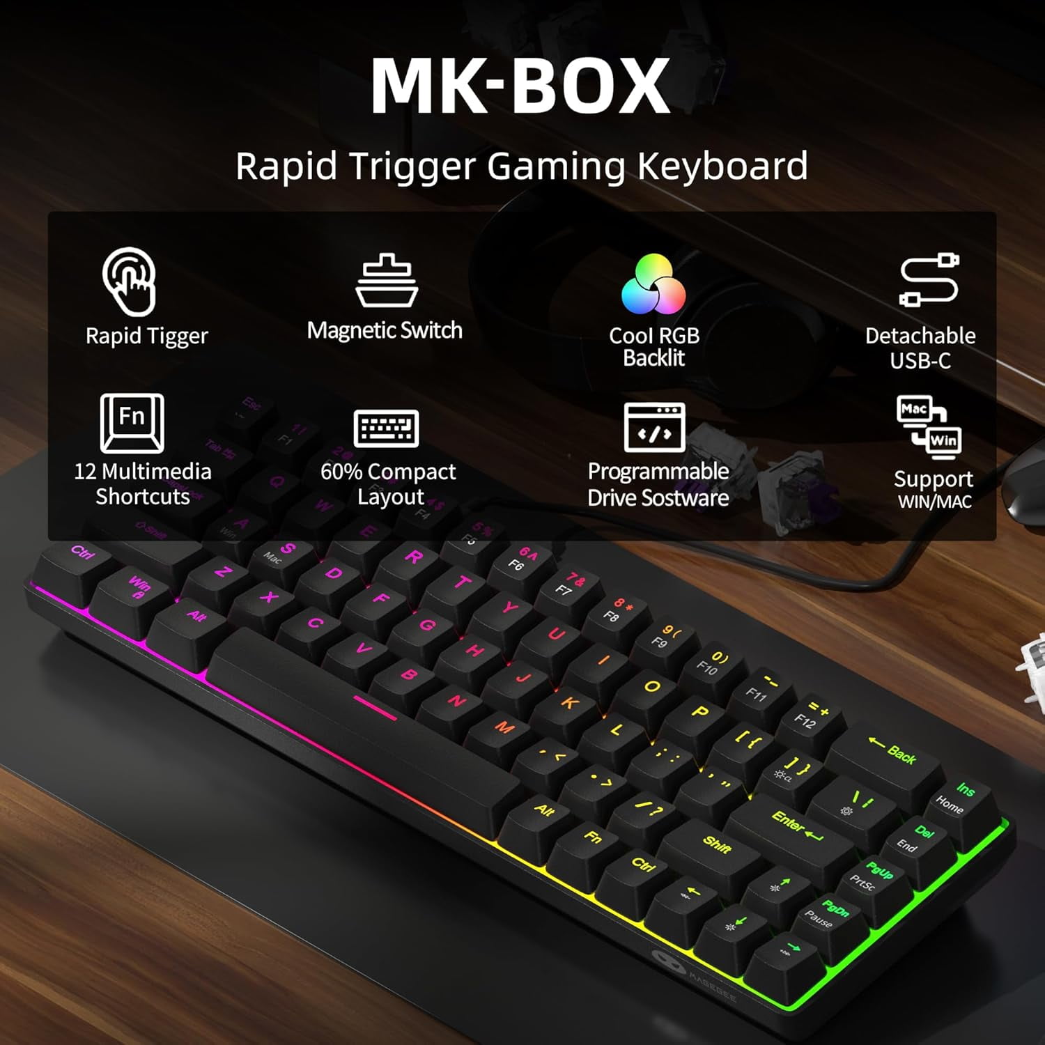 MageGee 60% Rapid Trigger Gaming Keyboard, Hall Effect Magnetic Switch, Actuation Point Adjustable, Hot Swappable RGB Backlit Wired Keyboard with Arrow Keys