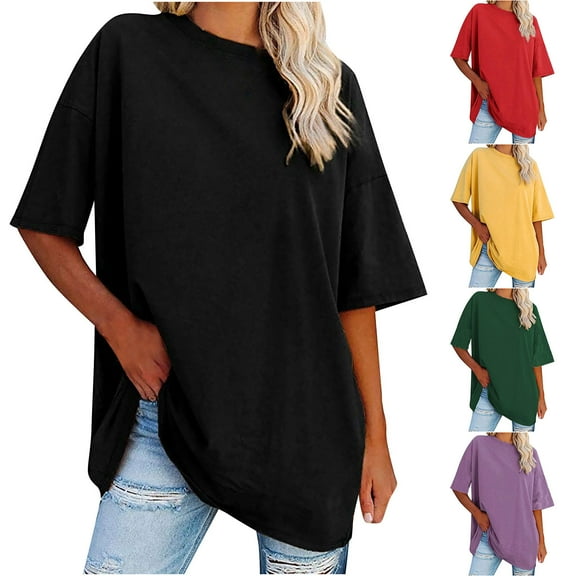 Fesfesfes Womens Summer Tops Women's New Solid Loose Half Sleeve Round Neck Cotton Waist Short Sleeve Round Neck Tops Cute Tops for Women 12(XXL)