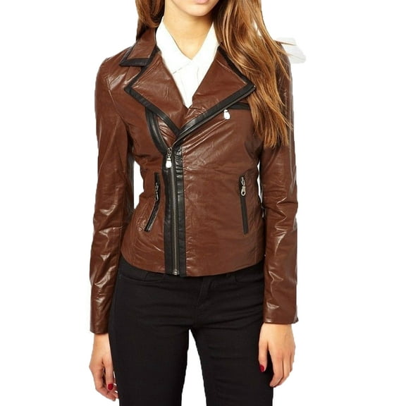 Luis Leather Womens Moto Black Brown Combo Lambskin Genuine Leather Jacket, Biker Jacket for women