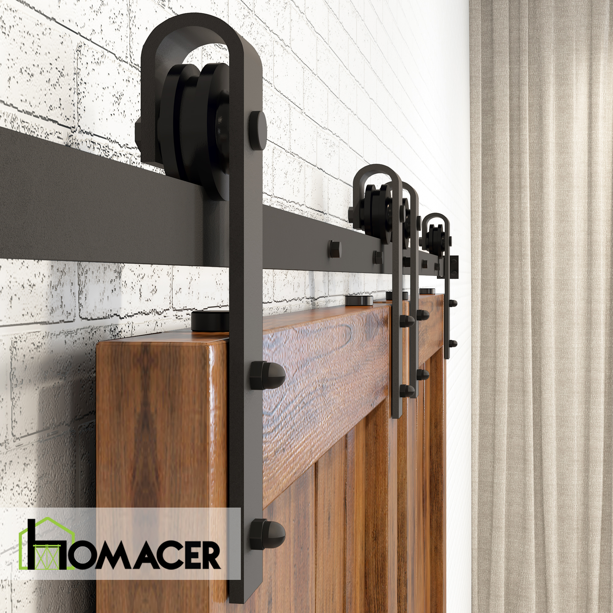 Homacer Black Rustic Sliding Barn Door Hardware Kit, for Two/Double Doors, 8ft Long Flat Track, Classic Design Roller, Heavy Duty, for Interior & Exterior Use - image 5 of 7