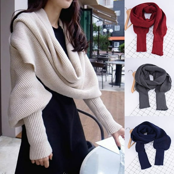 WonderWiz Women Knit Sweater Tops Scarf Fashion Elegant Scarf with Sleeve Wrap Winter Warm Shawl Scarves Red One Size