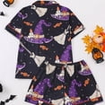 thumbnail image 6 of MEZZALL Women Halloween Pajama Set Lapel Collar Button Down Short Sleeve Top Elastic Waist Shorts Loungewear Set Witch Hat Print Sleepwear For Party Home Sleeping Relaxed Fit 2 Piece Pjs, 6 of 8