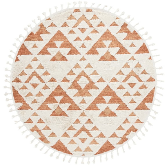 SAFAVIEH Moroccan Tassel Larry Geometric Shag Area Rug, Ivory/Brick Rust, 5'3" x 5'3" Round