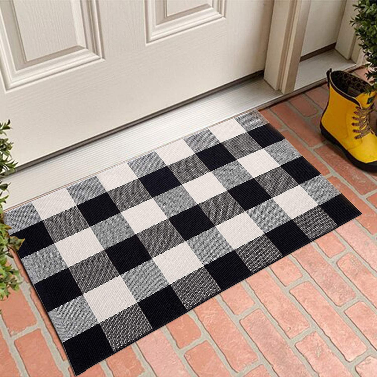 Black White Cotton Rug Checkered Doormat Plaid Area Rug Entry Way Porch Mat Rug 