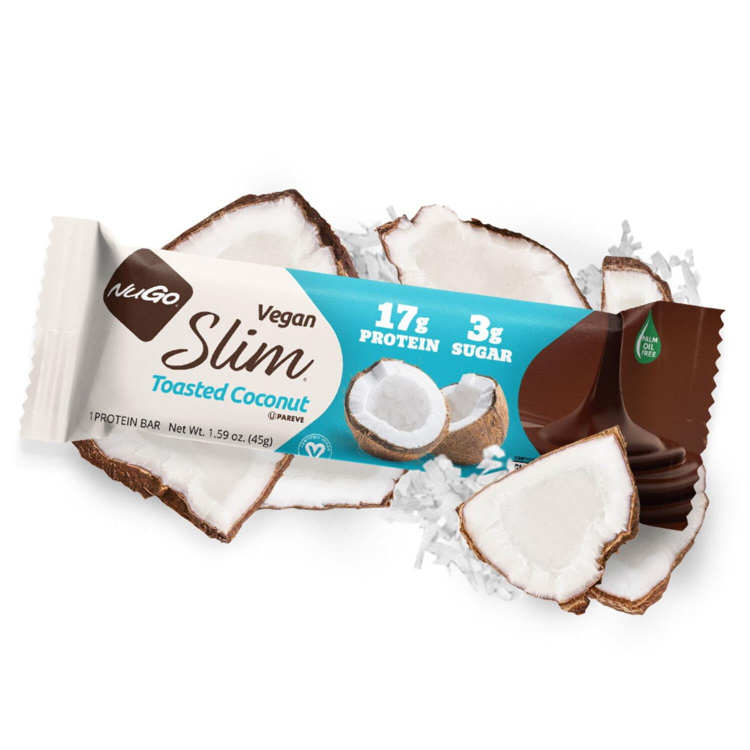 NuGo Slim Dark Chocolate Toasted Coconut, 16g Vegan Protein, 3g Sugar, 7g Fiber, 180 Calorie, Low Net Carbs, Gluten Free, 24 Count