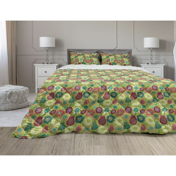 Colorful Comforter & Sham Bedding Set, Whimsical Pattern of Hand Drawn Style Flowers Creative Botanical Spring Fantasy, 3 pcs Duvet Set Microfiber Filling Quilt, 5 Sizes, Multicolor, by Ambesonne