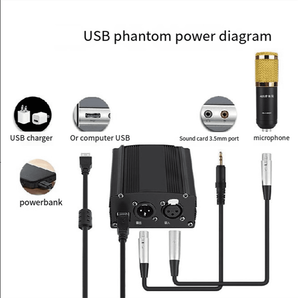 Alimentation Phantom 48V Pour Micro XLR - Adaptateur Fantôme 1 Canal Pour Micro Condenseur Enregistrement