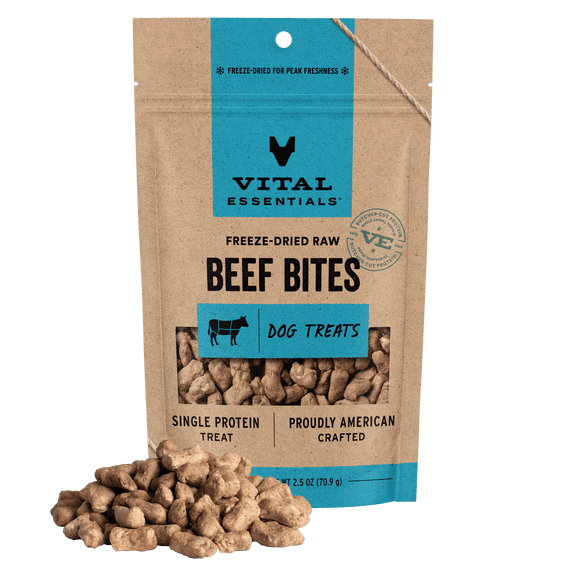 Vital Essentials Freeze Dried Dog Treats | Beef Bites, Single Protein | Grain Free Training Treats for Dogs, 2.5 oz bag