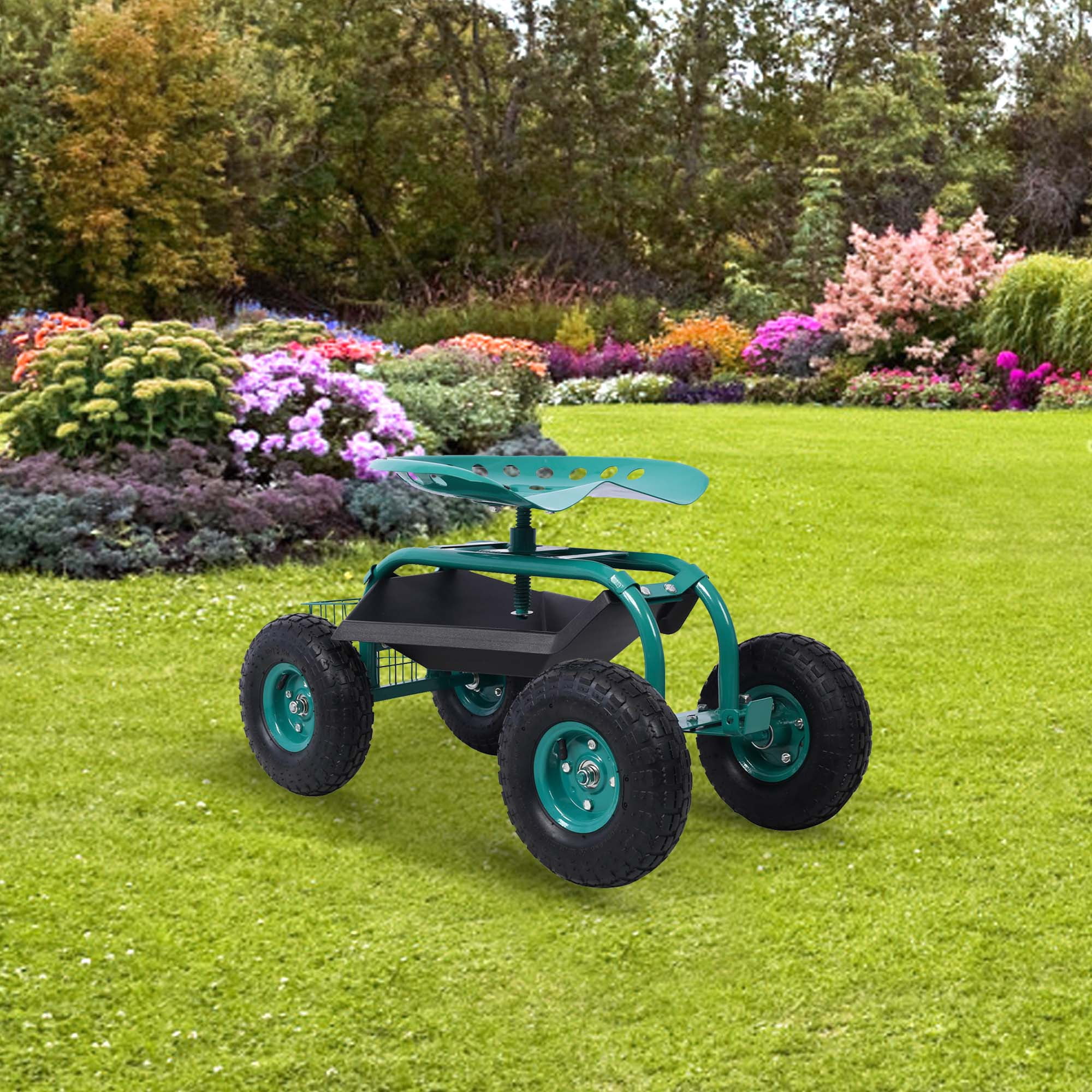 Aukfa Rolling Garden Cart Scooter with Swivel Seat, Wheels, and Tool Tray - Green