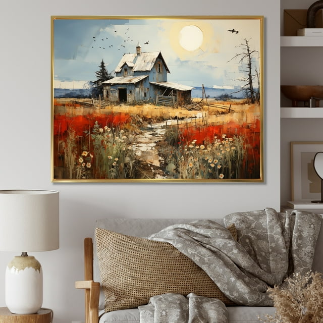 Designart Large Farm framed wall Art, Farmhouse composition , Farm framed wall art decor, Multi-Color Country Gold framed wall art, 40x30 inches Gold Frame