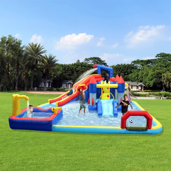 CIPACHO 10 in 1 Inflatable Slide Water Park with Splash Pool, Water Gun, Basketball, Climbing Wall, Dual Pools, Soccer and Blower