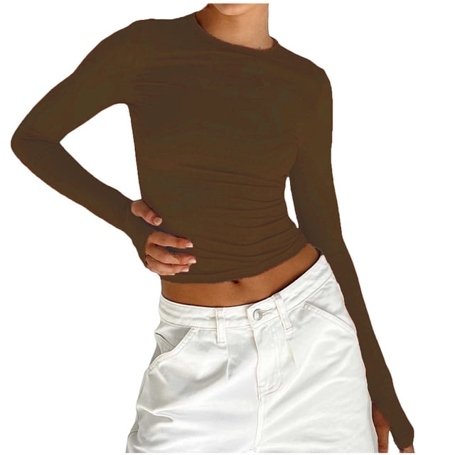 ZMFXJPE Longues Chemise à Manches pour Femmes Hauts Mignons pour Femmes Tendance Automne Hauts d'Entraînement à Manches Longues pour Femmes (Marron,m)