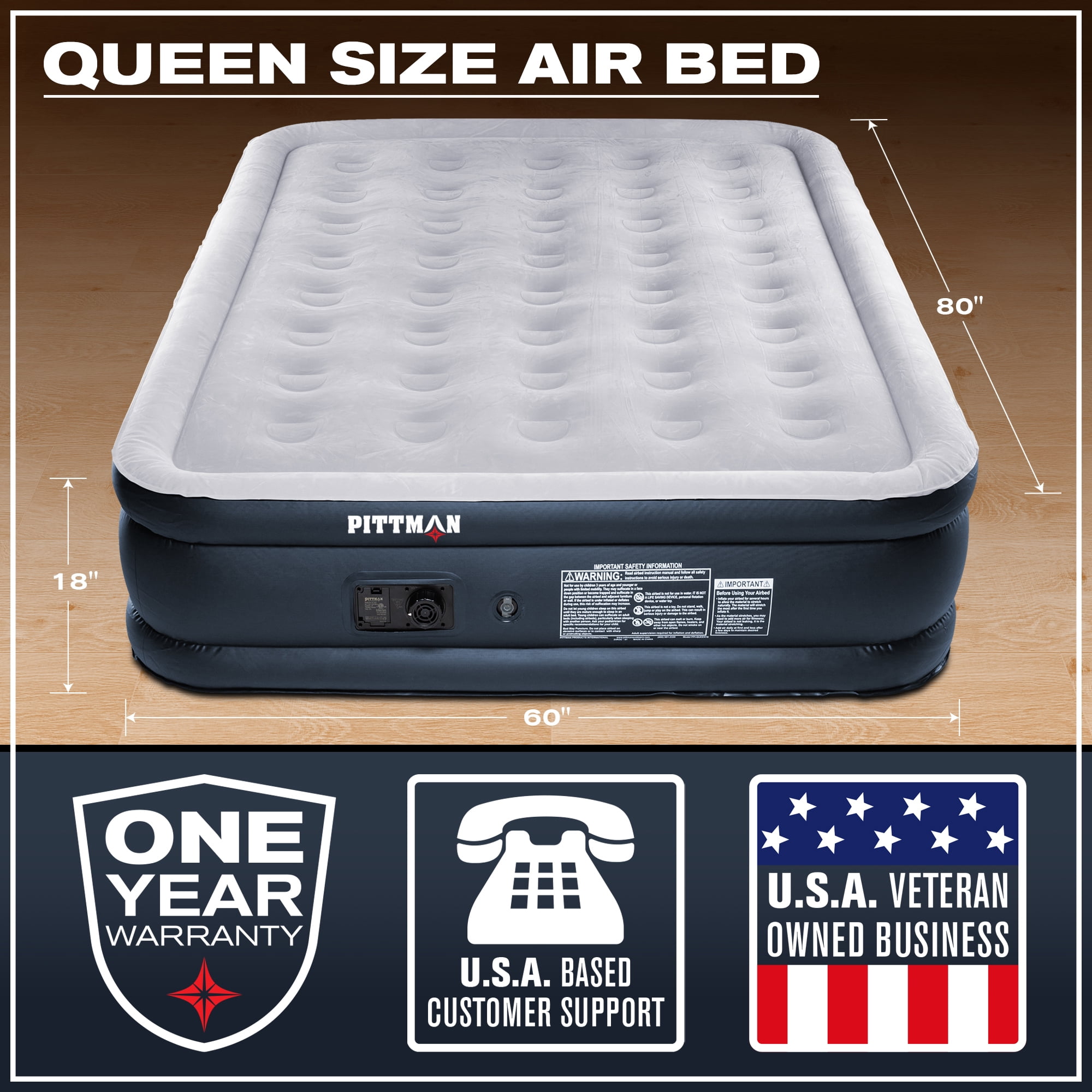Pittman - Queen Air Mattress with Built-in Pump - 18" Inflatable Air Bed - Self Inflation & Deflation