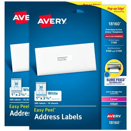 Avery Easy Peel Address Labels, 1" x 2-5/8", (2 Pack of 18160)