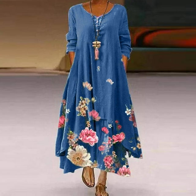 Robe Maxi d'Été pour Femmes à Manches Mi-Longues, Col, Décontractée, Ample, Longue, de Plage, à Boutons, Grande Taille, Robe Bohème, Robe Soleil, Froncée, Fluide, Longue pour Femmes