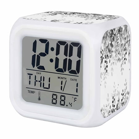 Alarm Clocks Black Eucalyptus Leaves Digital Clock 7 Color LED Night Light Silent Non-Ticking Battery Operated Berry Branch Nature Plant Cube Clocks for Bedroom Bedside Living Room Office School