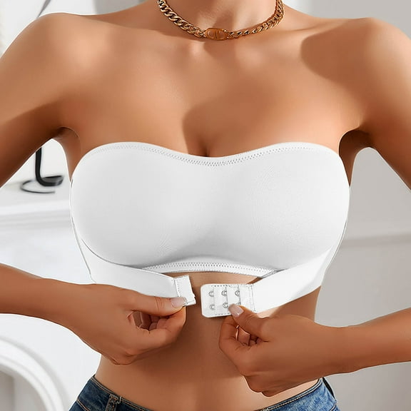 Strapless Bras For Women Push Up Non- Front Closure Bras Padded Bandeau Bra Seamless Wireless Tube Top Bralette Sports Bras For Women No Underwire Lightly Lined T-Shirt Bras White,S
