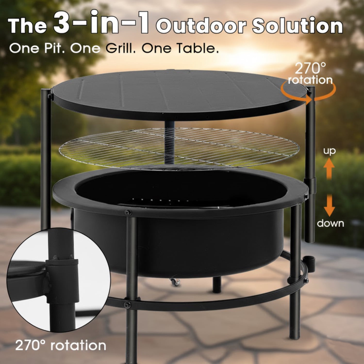 Large Wood Burning Fire Pit with 28" Rotating Wheeled Side Table, 3-In-1 Outdoor Metal Firepit with Screen Lid, Grill and Basting Brush for BBQ Patio Backyard Garden