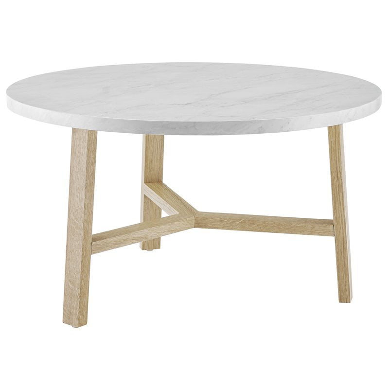 Round Coffee Table In White Faux Marble, 30 Inch Round Coffee Table With Shelf