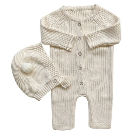

Baby s autumn and winter sweater Long one-piece baby s knitting sweater Creeper with hat（Apricot） 90cm，G45562