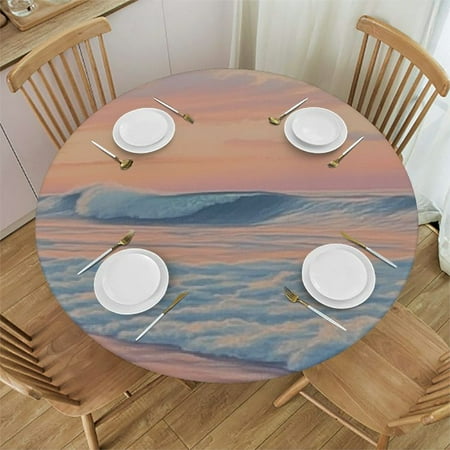 

Ullo0ord Ocean Seaside Table Cloth Round Fitted Tablecloths with Elastic Edge Sunset Sky Sea Wave Natural Scenery Wipeable Waterproof Table Cover for Kitchen Wedding 54 -58